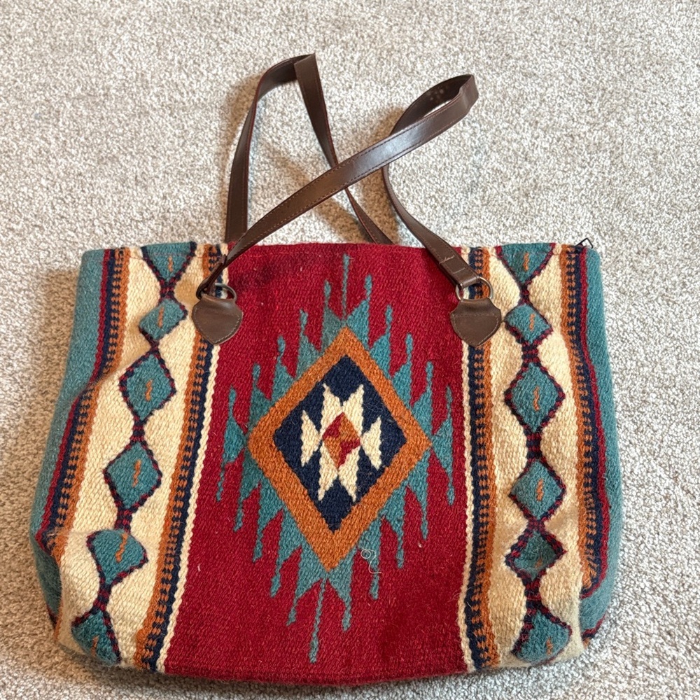 Southwestern Pattern Red Tote Bag with Teal Accents